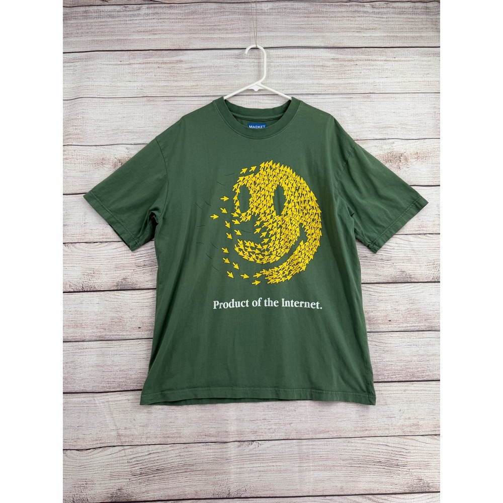Market Smiley T-Shirt Mens Large Green Product of the Internet Graphic Tee